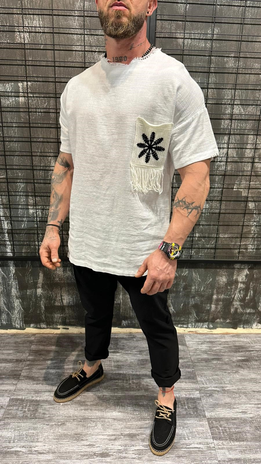 LINEN TEE WHITE EMBROIDERED POCKET DJANI