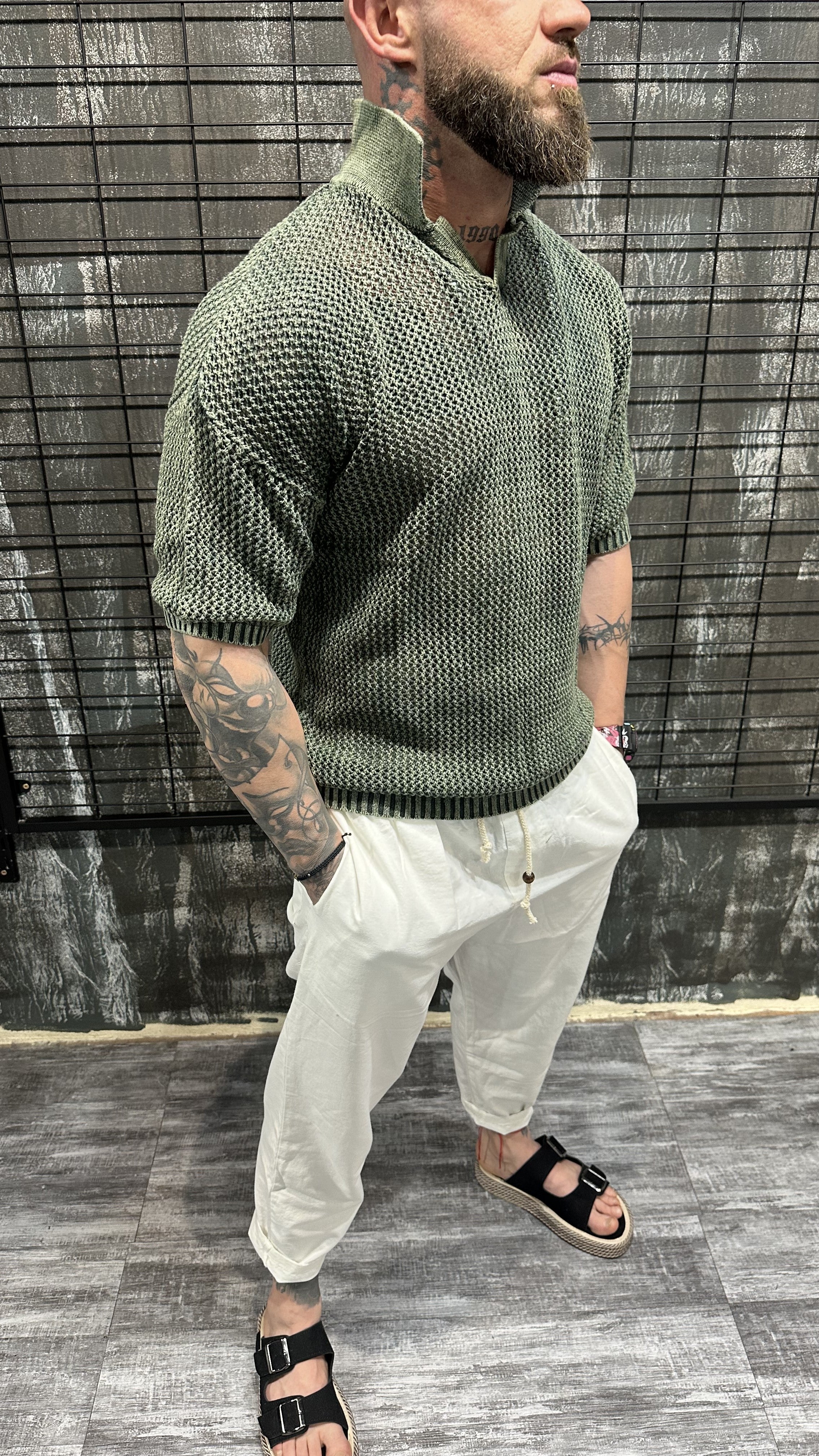 MESH KNIT POLO TEE ARMY GREEN DJANI