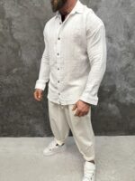 Мъжка ленена риза с дълъг ръкав – White Essential - Image 4