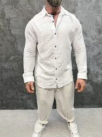 Мъжка ленена риза с дълъг ръкав – White Essential - Image 5