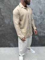 Мъжка ленена риза с дълъг ръкав – Sand Beige Essential - Image 3
