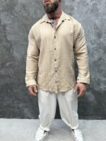 Мъжка ленена риза с дълъг ръкав – Sand Beige Essential - Image 2