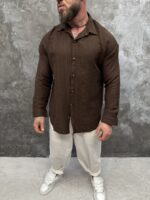 Мъжка ленена риза с дълъг ръкав – Chocolate Brown Essential - Image 7