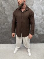 Мъжка ленена риза с дълъг ръкав – Chocolate Brown Essential - Image 6
