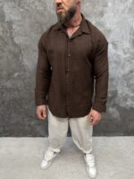 Мъжка ленена риза с дълъг ръкав – Chocolate Brown Essential - Image 2