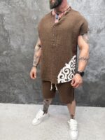 Мъжки summer set с oversized потник и къси панталони – Brown Tribal Summer Set - Image 4