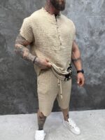 Мъжки summer set с oversized потник и къси панталони – Beige Tribal Summer Set