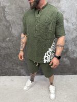 Мъжки summer set с oversized тениска и къси панталони – Khaki Tribal Summer Set - Image 2