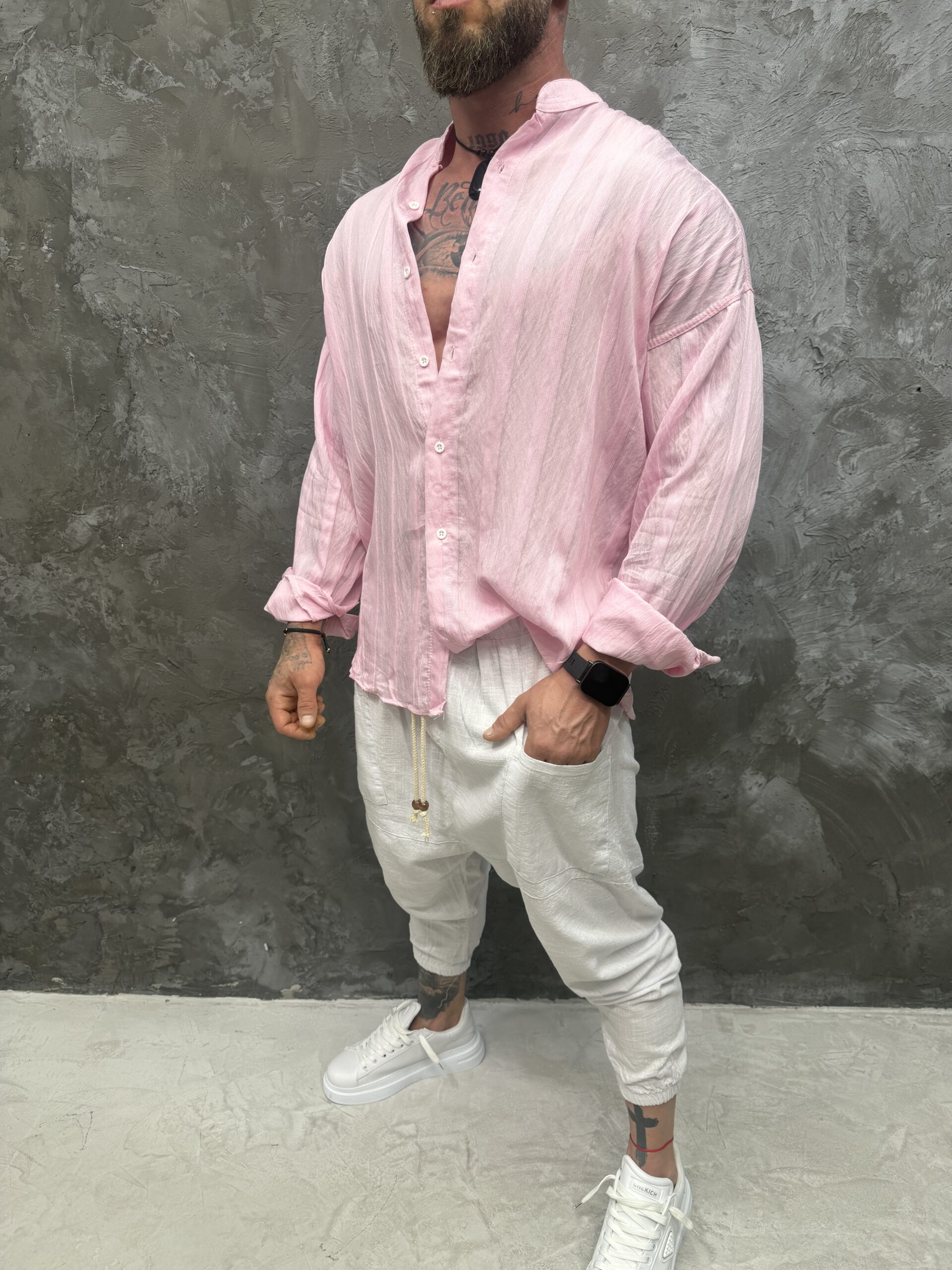 IMG_3240 Blush Breeze Shirt – Мъжка риза в пастелно розово с Mandarin яка - Image 1