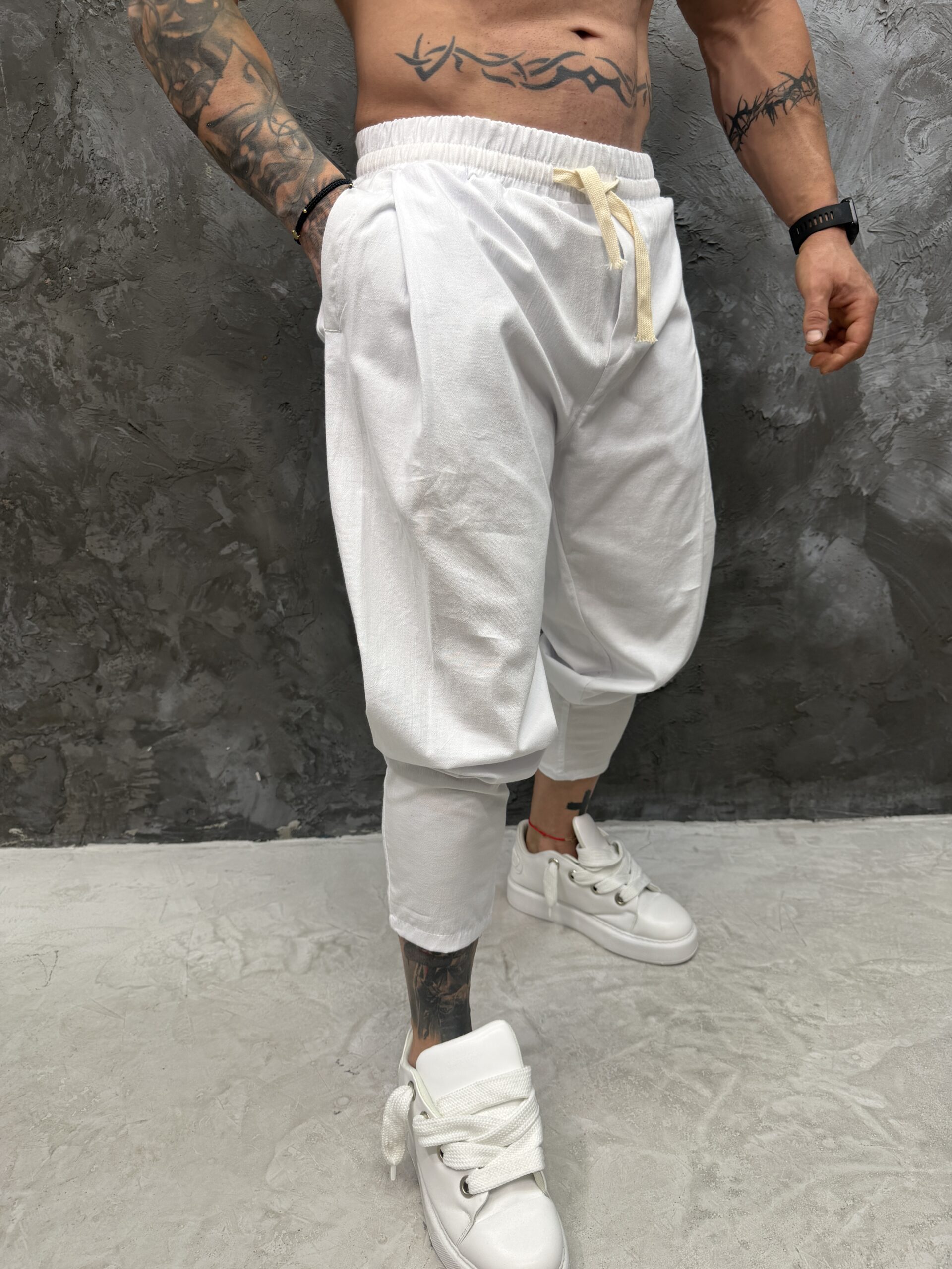 IMG_3482 Linen Drop Crotch Pants – White - Image 1