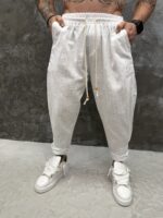 Linen Stripe Tapered Pants – White - Image 2