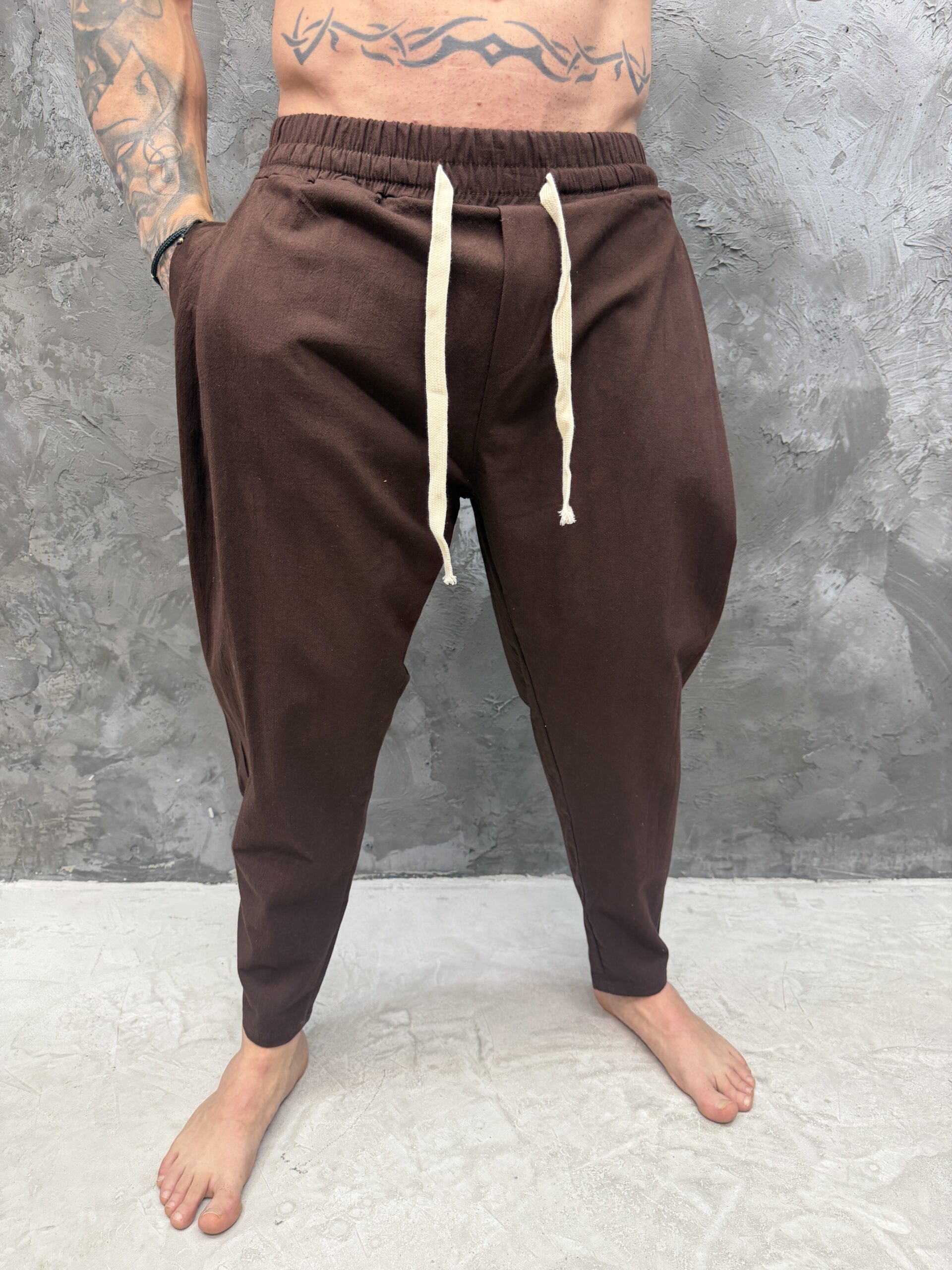 IMG_3621 Linen Drop Crotch Pants – BROWN - Image 1