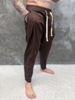 Linen Drop Crotch Pants – BROWN - Image 4