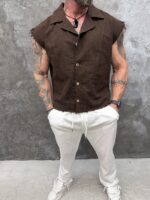 Chocolate Brown – Premium Sleeveless Linen Shirt - Image 4