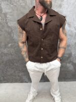 Chocolate Brown – Premium Sleeveless Linen Shirt - Image 3
